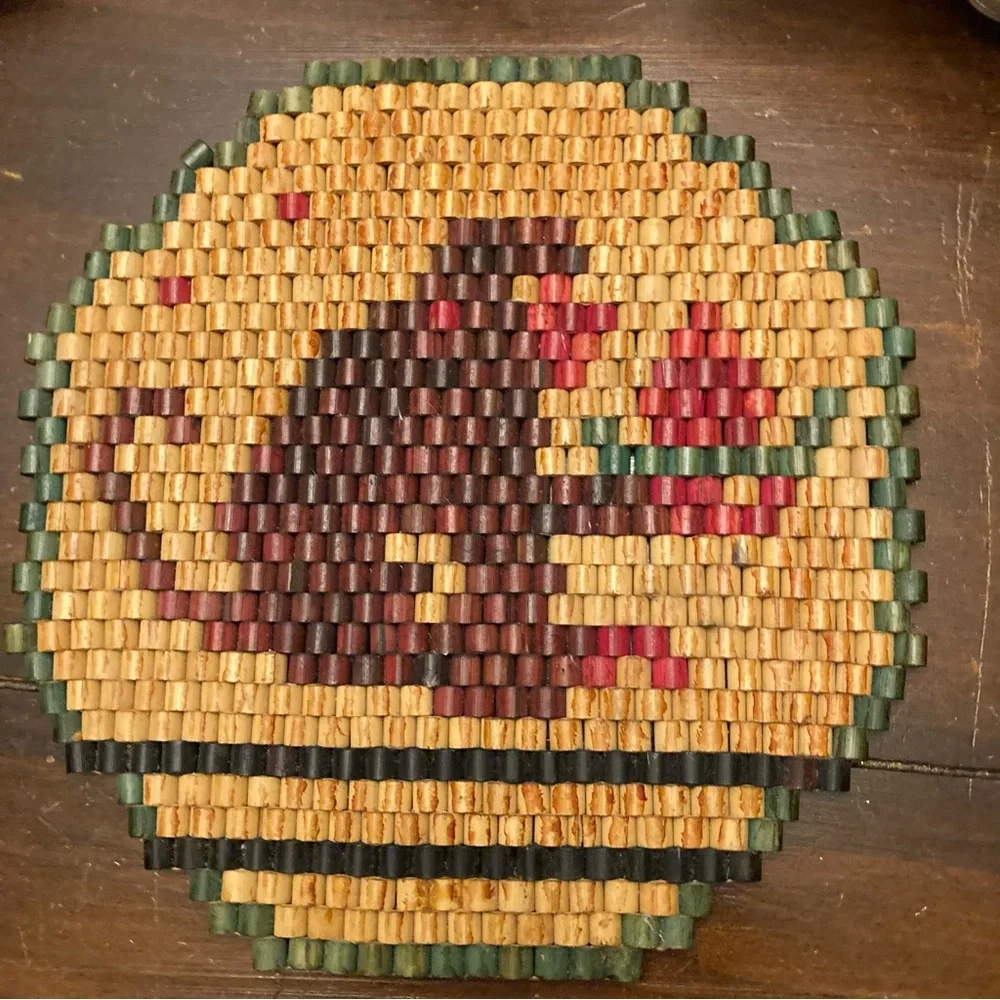 Vintage Monkey with Fruit Wood Bead Trivet Hot Pad Kitschy